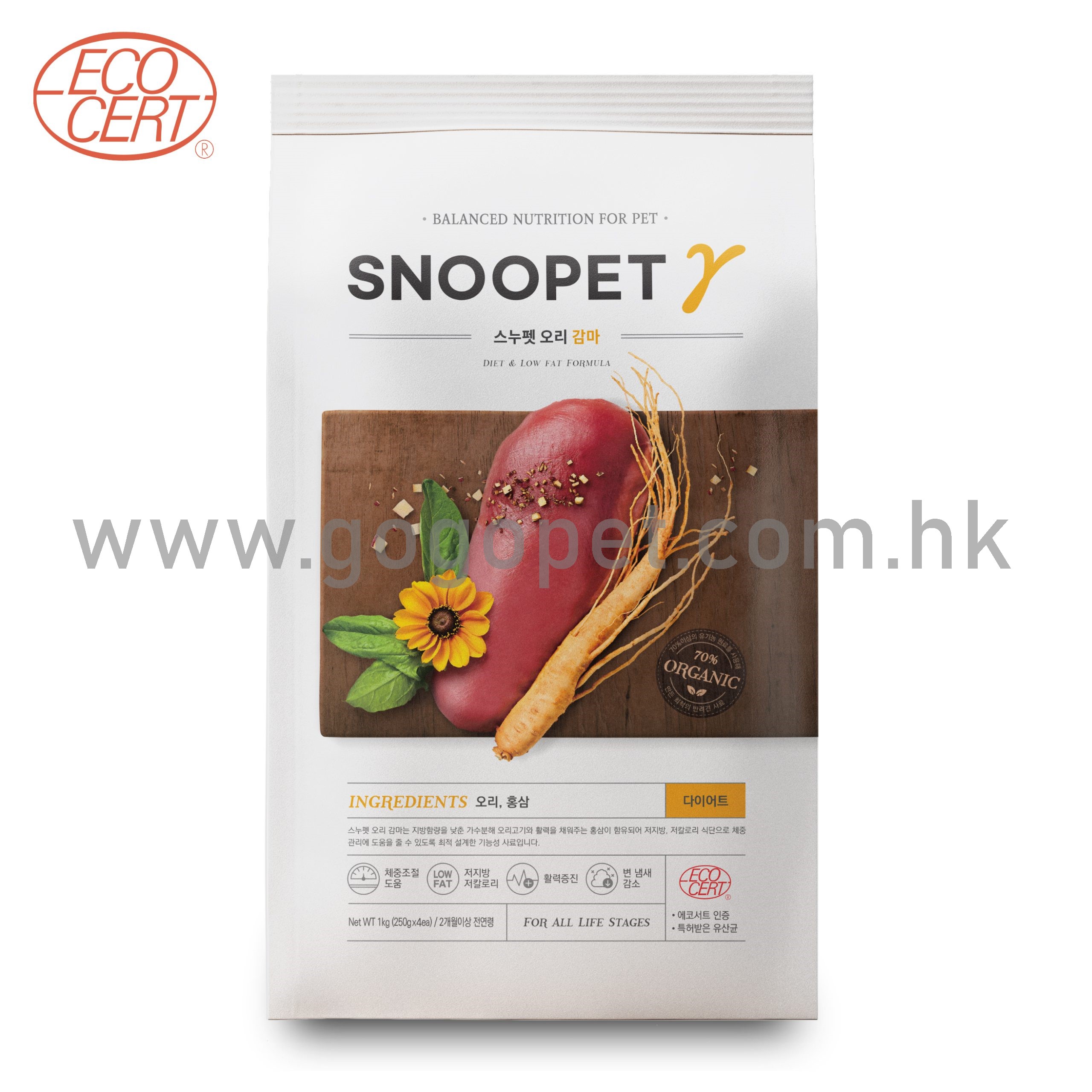 SNOOPET 鮮鴨肉、紅參、蔬菜 (低油健美有機配方) SNOOPET 鮮鴨肉、紅參、蔬菜 (低油健美有機配方)